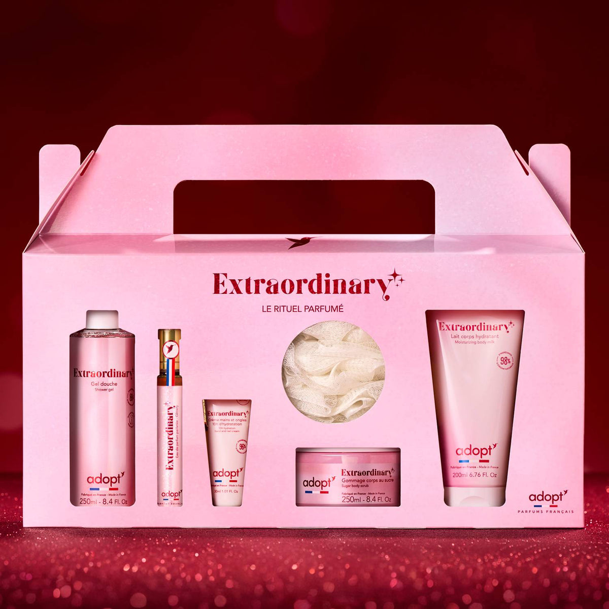 Coffret maxi eau de parfum 30 ml + gel douche 250 ml + lait corps 200 ml + crème pour les mains 30 ml + gommage au sucre 250ml + fleur de bain - Extraordinary