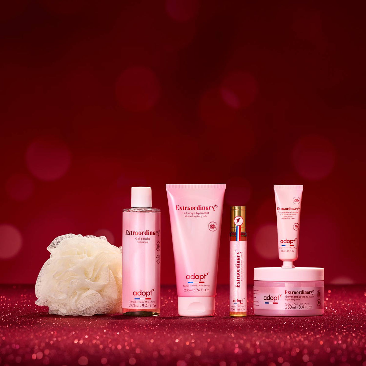 Coffret maxi eau de parfum 30 ml + gel douche 250 ml + lait corps 200 ml + crème pour les mains 30 ml + gommage au sucre 250ml + fleur de bain - Extraordinary