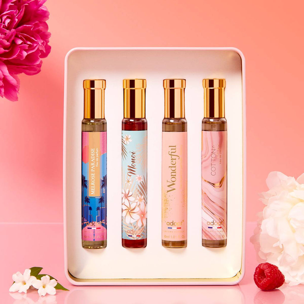 Merci Coffret métal 4 eaux de parfums Melrose Paradise 30ml +  Monoï des Iles 30ml + Wonderful 30ml + Cotton Crush 30ml)