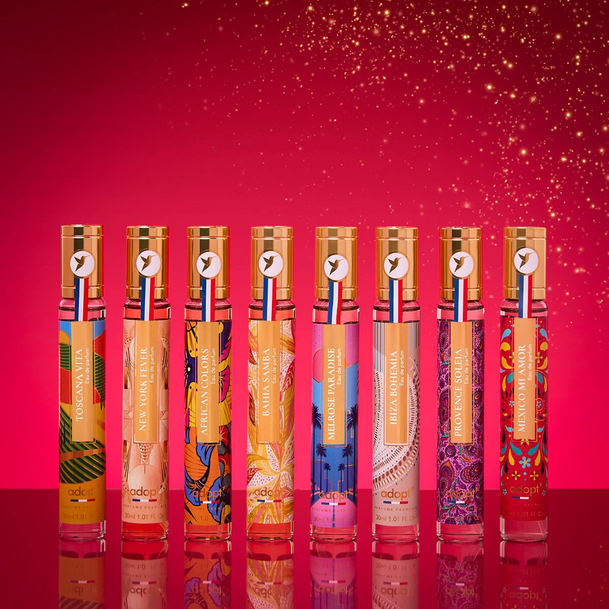 Voyages COFFRET CAPSULE 8 eaux de parfums VOYAGES - 30ml Melrose Paradise + 30ml Bahia Samba + 30ml African Colors + 30ml Toscana Vita + 30ml Mexico Mi Amor + 30ml New York Fever + 30ml Provence Soleia + 30ml Ibiza Bohémia