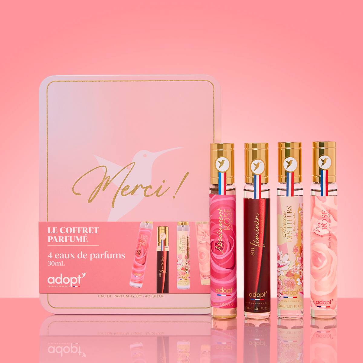 Merci - Coffret métal 4 x eaux de parfum 30 ml Absolument rose + Au féminin + Avenue des fleurs + My rose