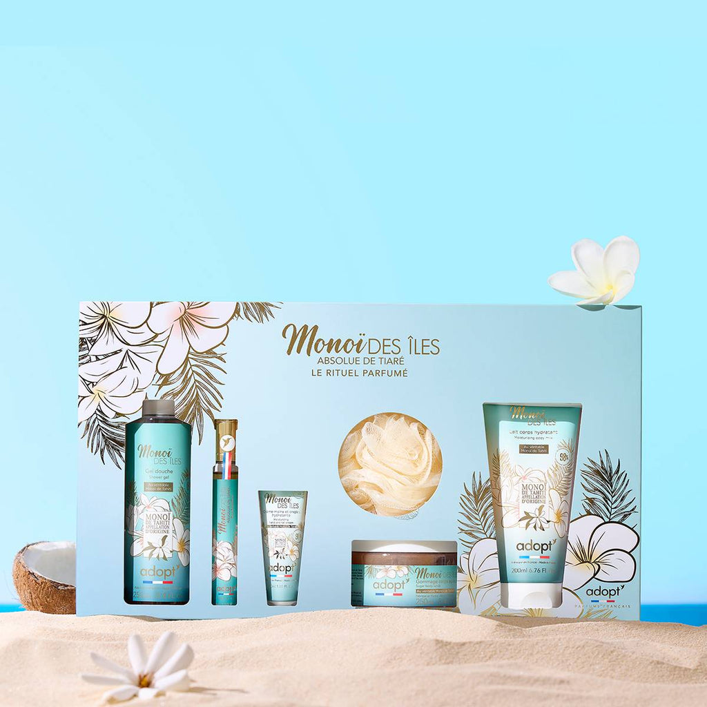 Coffret Maxi eau de parfum 30 ml + lait corps 200 ml+ gel douche 250 ml + gommage 250 ml + crème mains 30 ml + fleur de bain - Monoi des iles