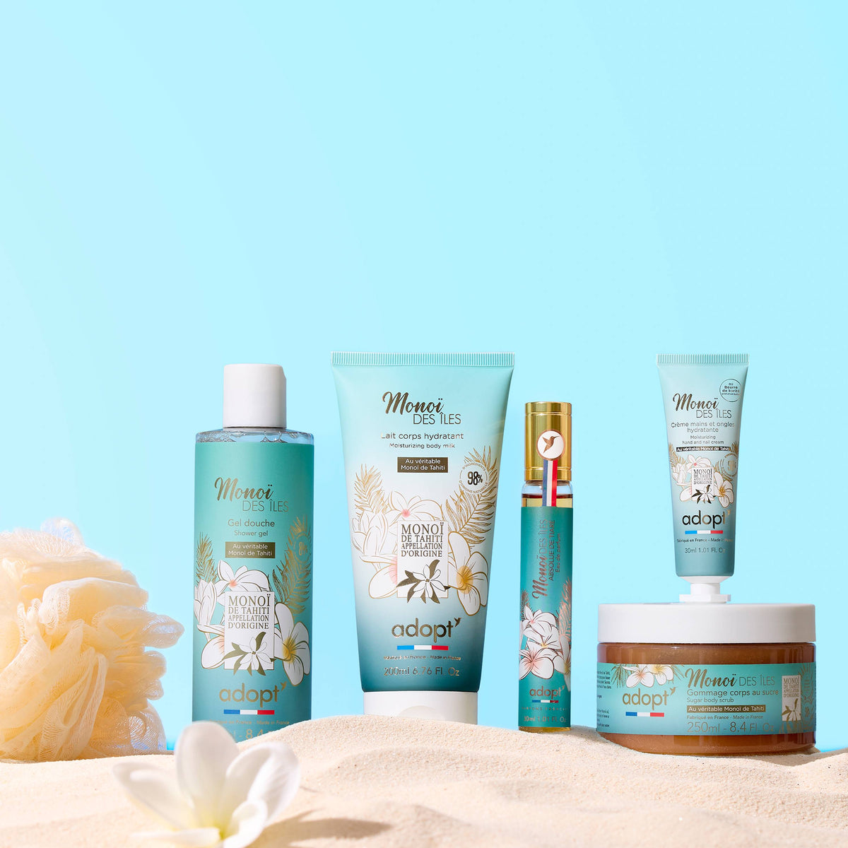 Coffret Maxi eau de parfum 30 ml + lait corps 200 ml+ gel douche 250 ml + gommage 250 ml + crème mains 30 ml + fleur de bain - Monoi des iles