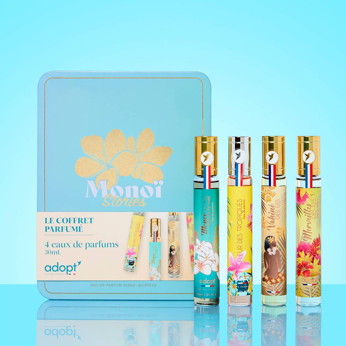 Monoi Stories - Coffret métal 4 eaux de parfum 30 ml Fleur des tropiques NP + Monoï des îles NP + Vahiné des îles + Merveille des îles