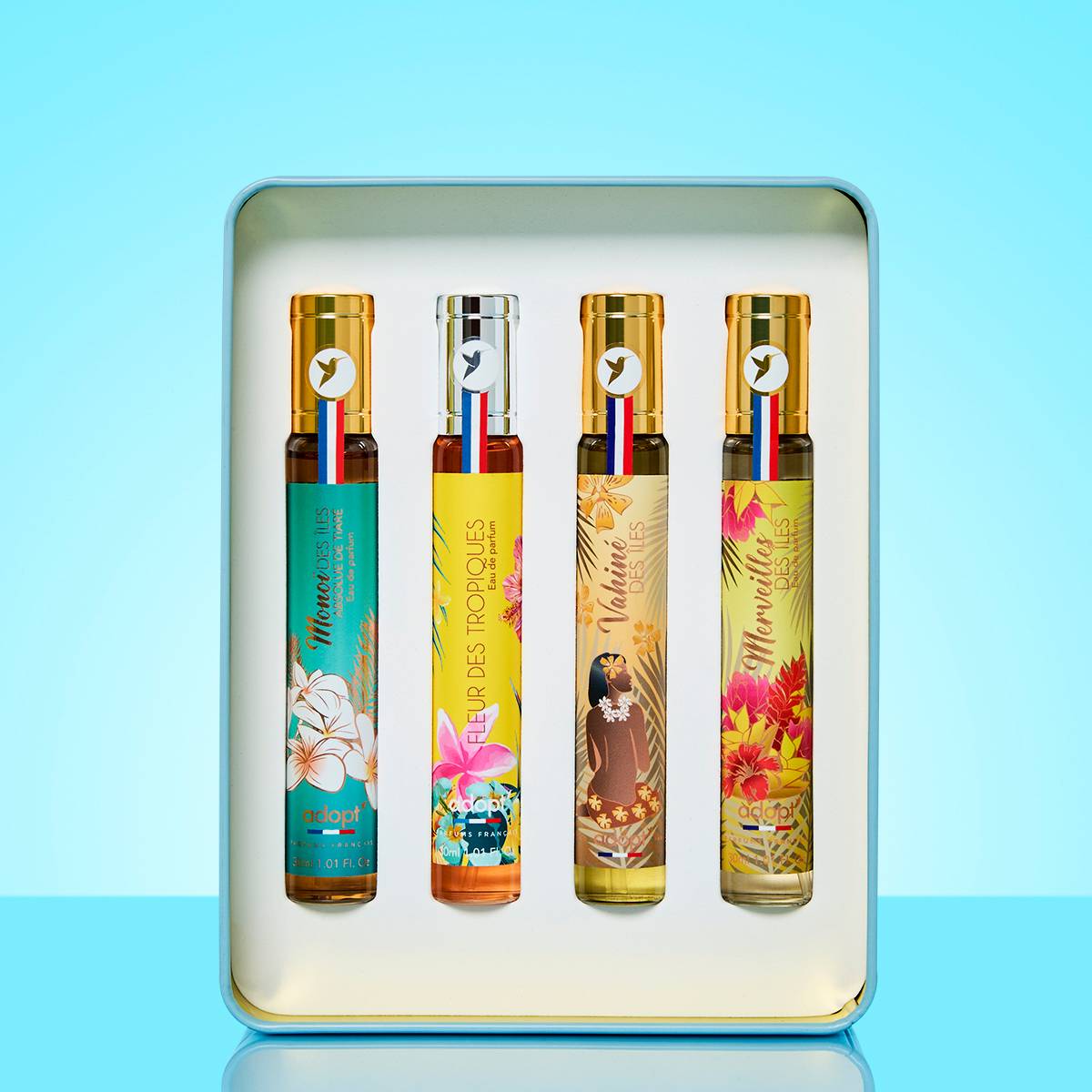 Monoi Stories - Coffret métal 4 eaux de parfum 30 ml Fleur des tropiques NP + Monoï des îles NP + Vahiné des îles + Merveille des îles