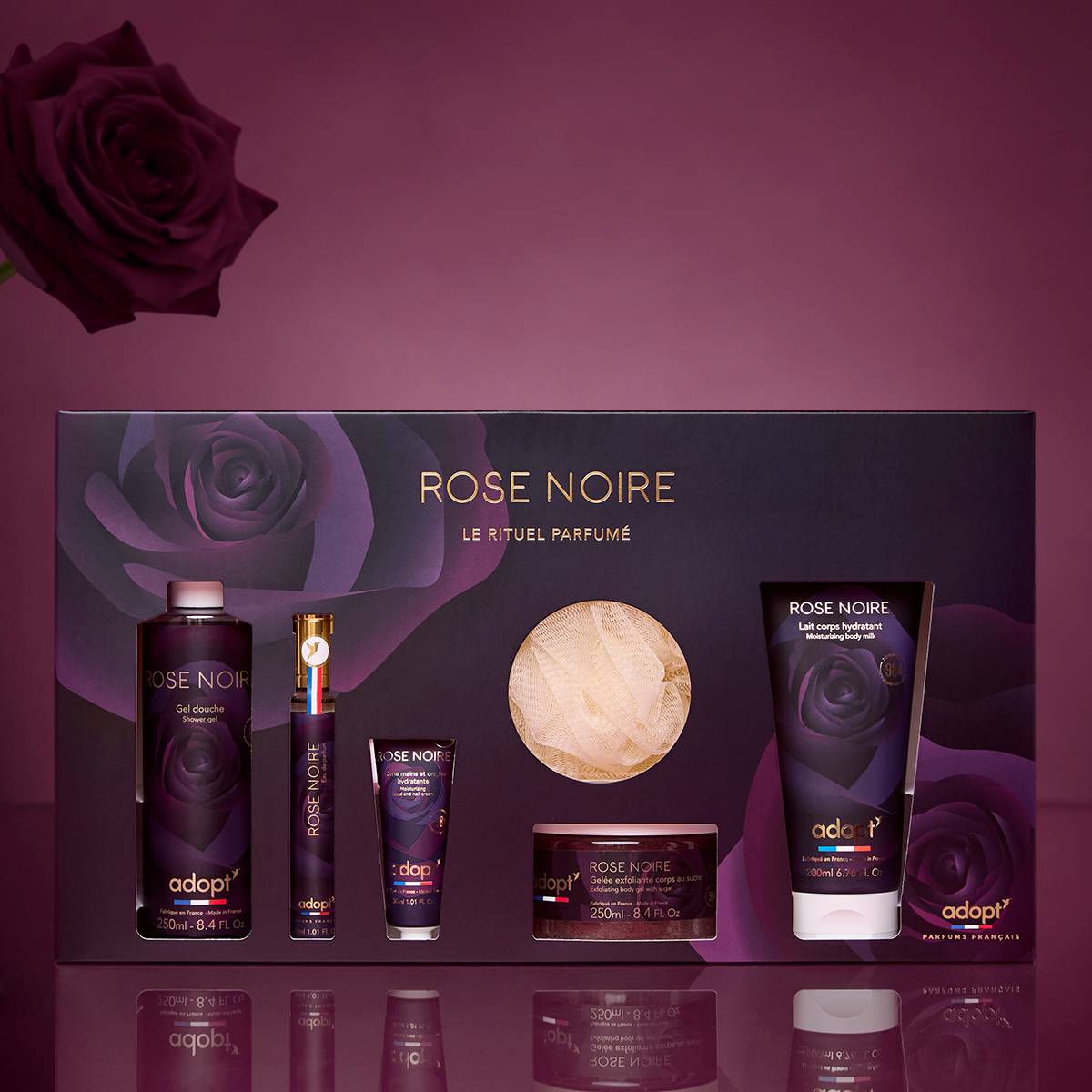 Coffret maxi eau de parfum 30 ml + gel douche 250 ml + lait corps 200 ml + crème pour les mains 30 ml + gommage au sucre 250ml + fleur de bain - Rose Noire