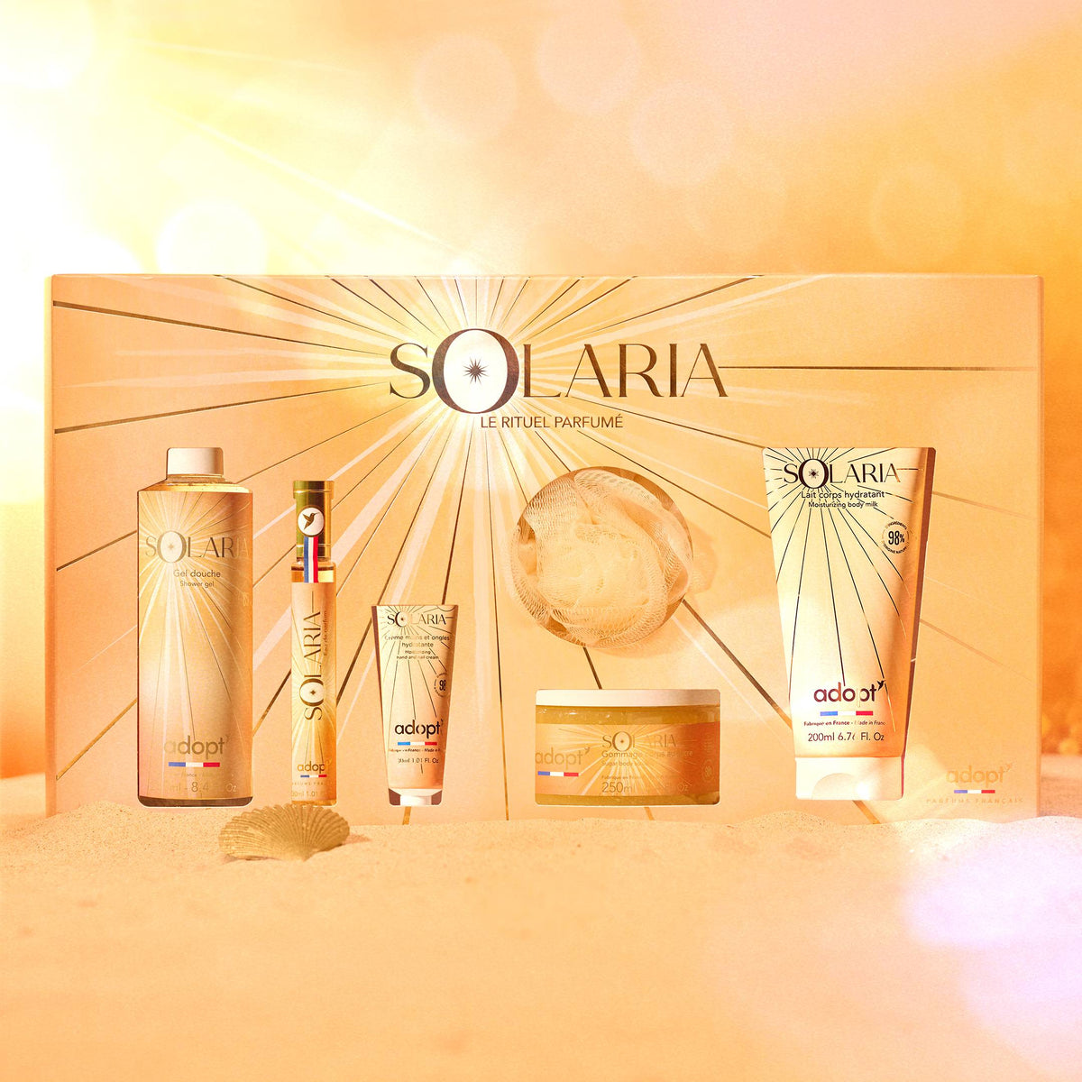 Solaria - Coffret maxi eau de parfum Solaria 30 ml + gel douche 250 ml + lait corps 200 ml + crème pour les mains 30 ml + gommage au sucre 250ml + fleur de bain