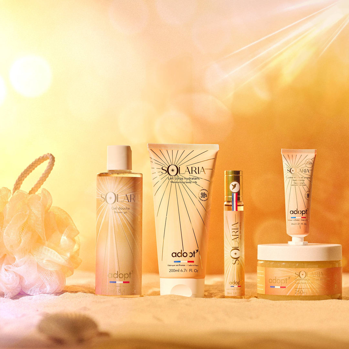 Solaria - Coffret maxi eau de parfum Solaria 30 ml + gel douche 250 ml + lait corps 200 ml + crème pour les mains 30 ml + gommage au sucre 250ml + fleur de bain