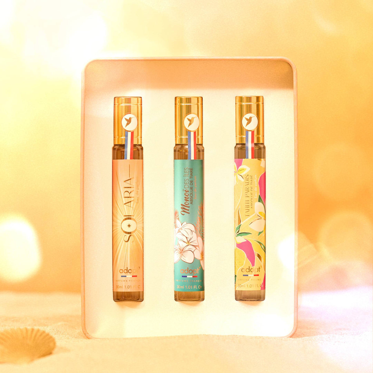Solaria - Coffret métal 3 eaux de parfums Solaria 30 ml + Monoi des iles 30 ml + Tahiti Paradis 30 ml