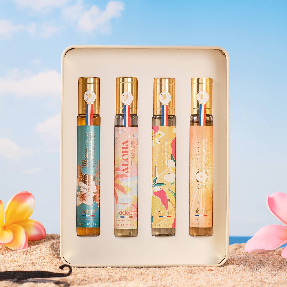 Coffret métal 4 eaux de parfum 30 ml - Monoï des îles + Aloha + Tahiti Paradis + Solaria - Summer Vibes