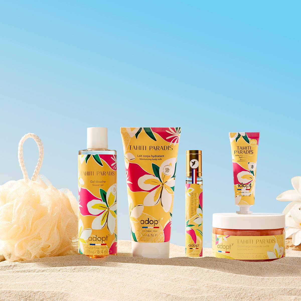 Coffret Maxi eau de parfum 30 ml + lait corps 200 ml+ gel douche 250 ml + gommage 250 ml + crème mains 30 ml + fleur de bain - Tahiti Paradis