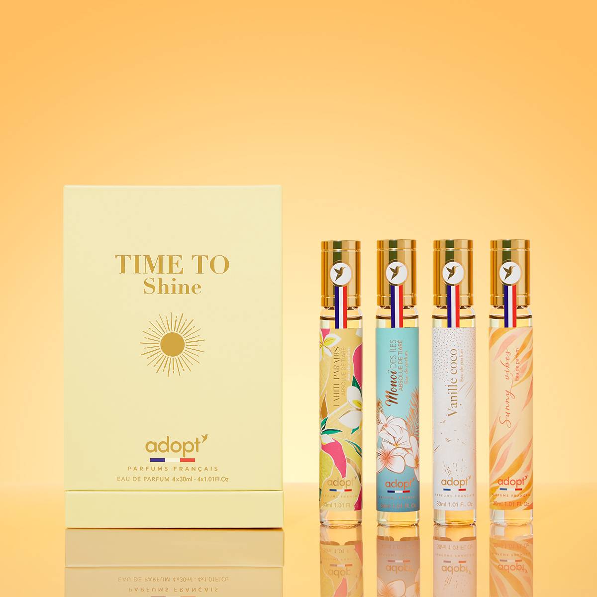 Time to shine - Coffret 4 eaux de parfums Tahiti paradis 30 ml + Monoi des iles 30 ml + Vanille coco 30 ml + Sunny vibes 30 ml