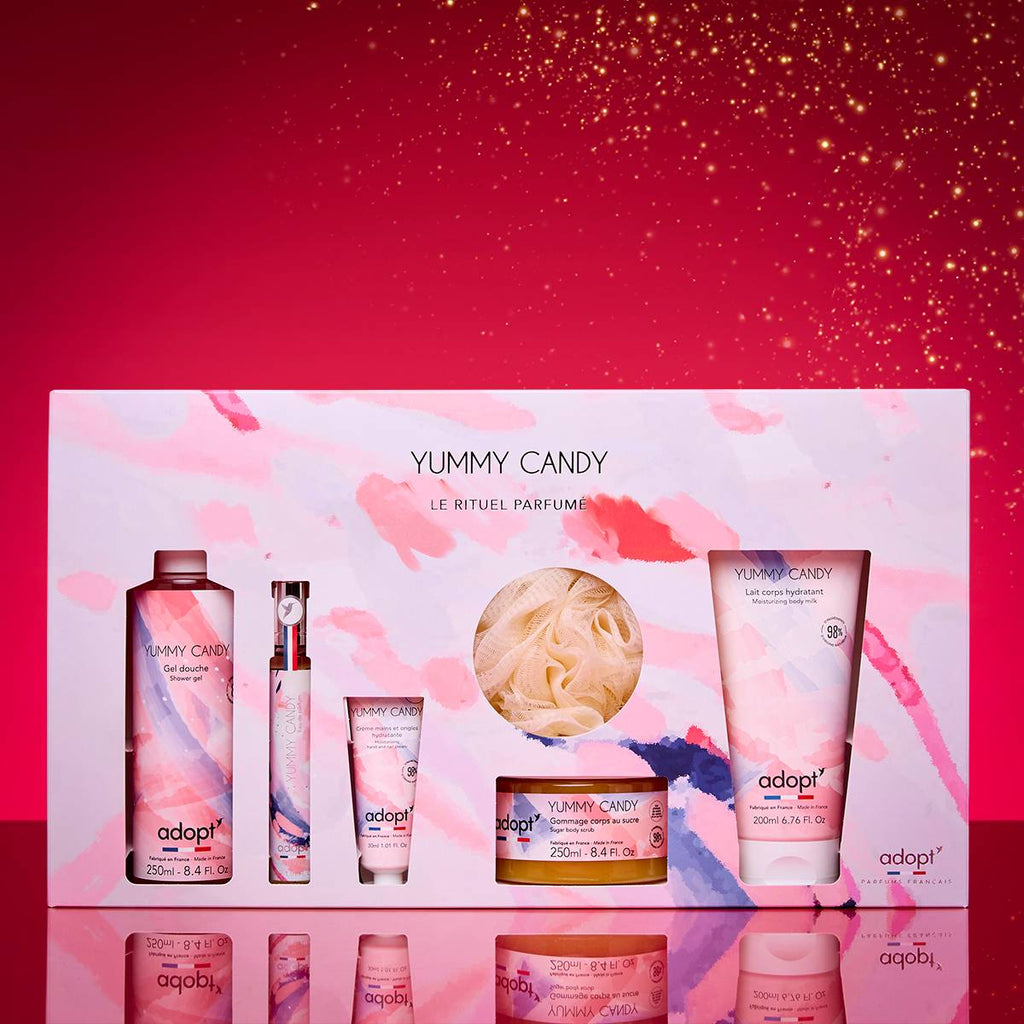 Yummy Candy - Coffret Maxi eau de parfum 30 ml + lait corps 200 ml+ gel douche 250 ml + gommage 250 ml + crème main 30 ml + fleur de bai