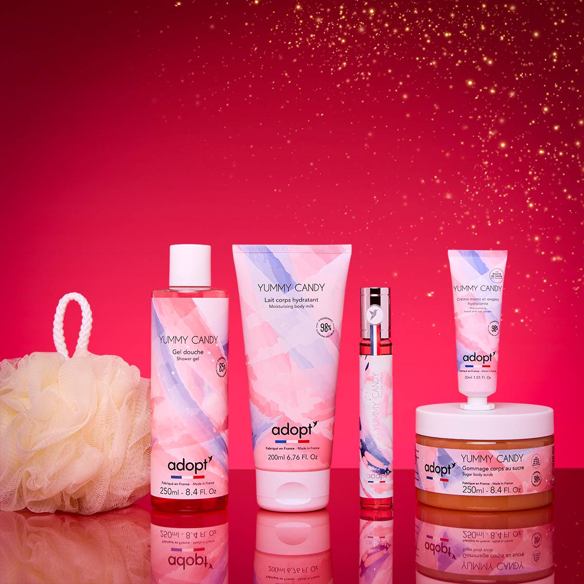 Yummy Candy - Coffret Maxi eau de parfum 30 ml + lait corps 200 ml+ gel douche 250 ml + gommage 250 ml + crème main 30 ml + fleur de bai